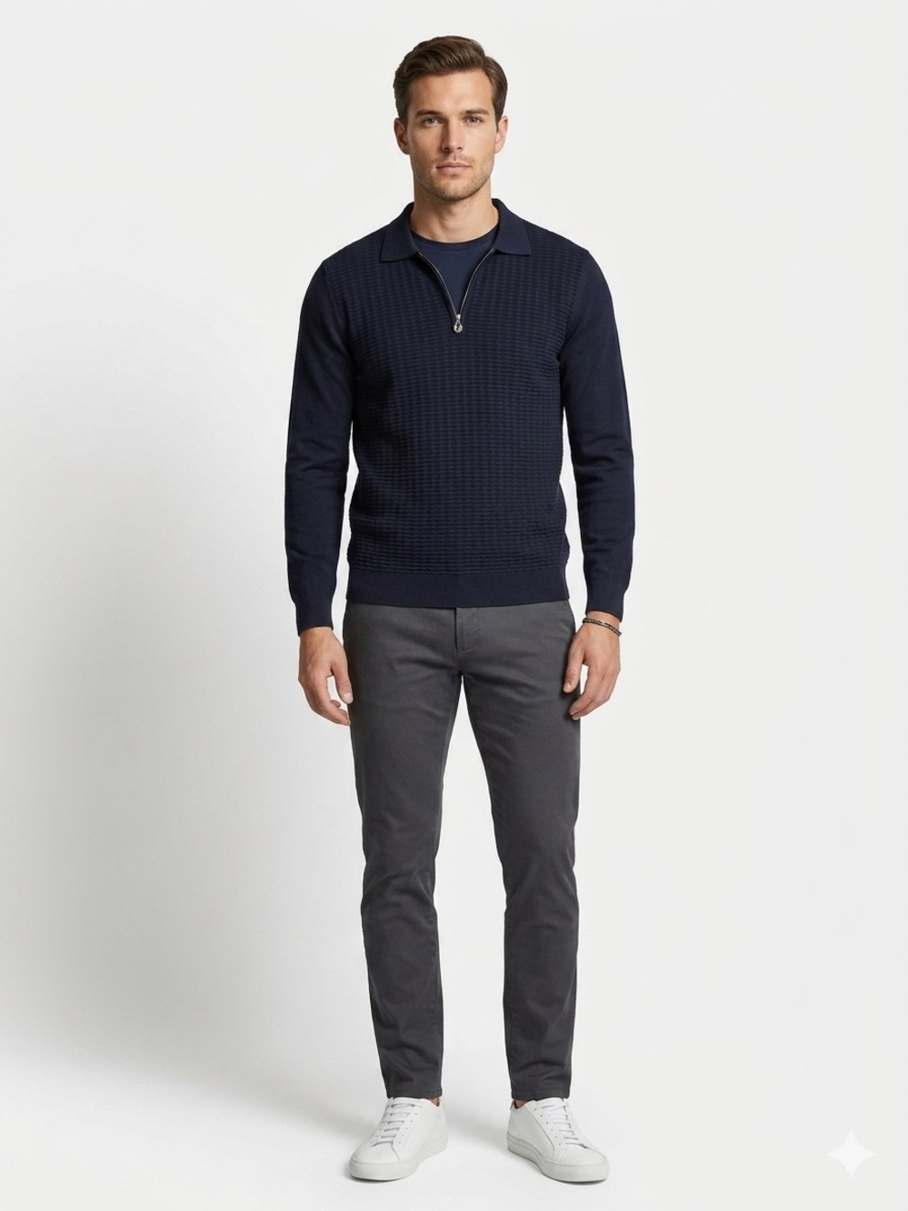 Ganiani Men's Size Medium Navy Blue Textured Quarter Zip Pullover Sweater Knit